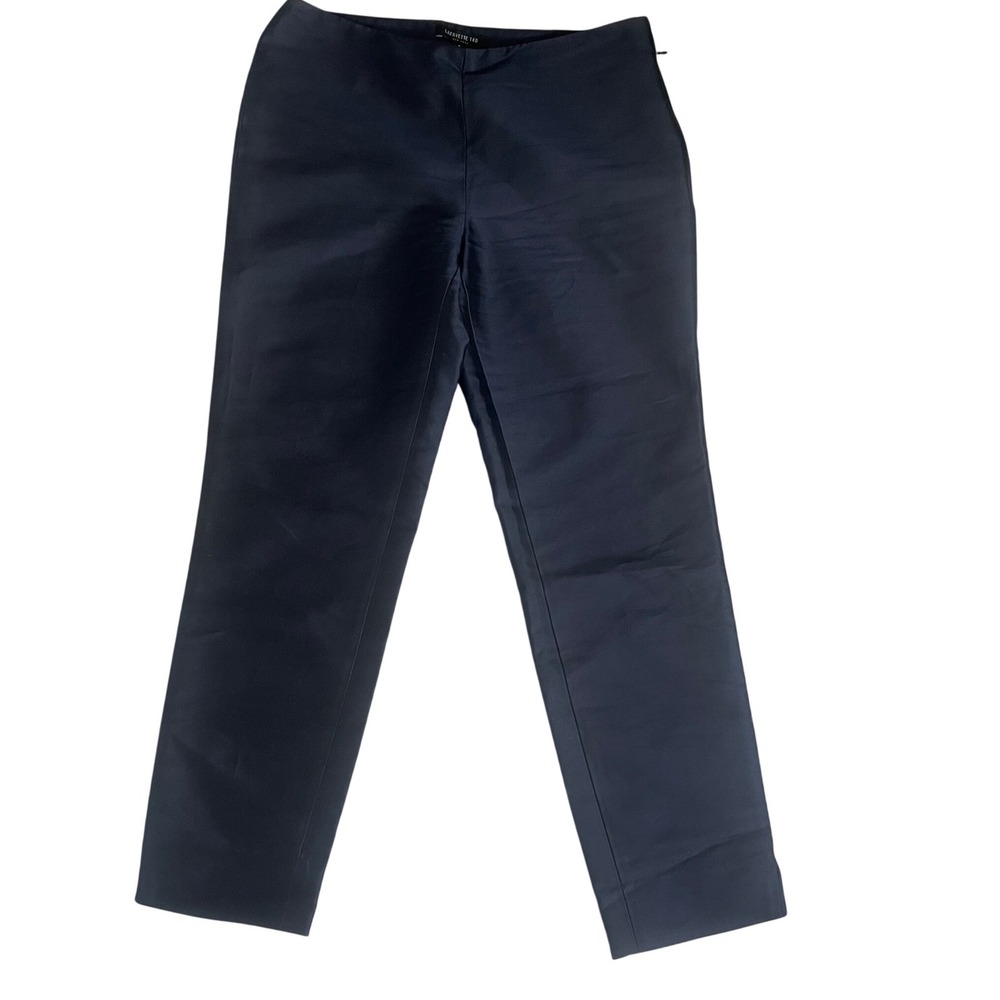 Lafayette 148 New York Navy Blue Cotton Silk Blend Straight Trousers Pants Sz 4